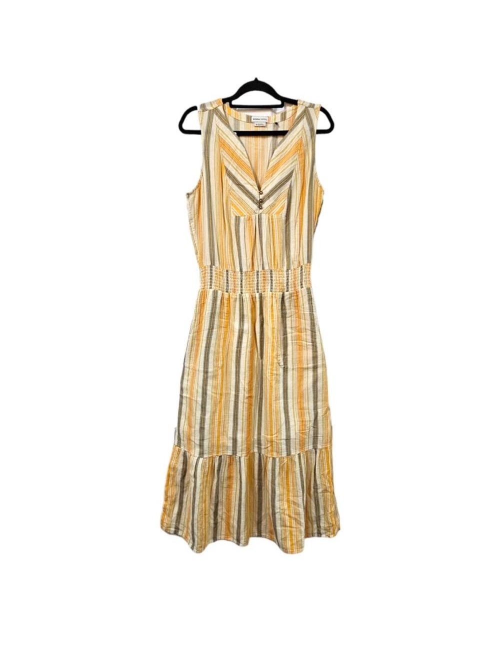 Prana Sleeveless V-Neck Maxi Dress Soft Yellow Stripe 100% Organic Cotton Sz S
